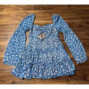 MAJORELLE Blue and White Floral Tie-Front Mini Dress